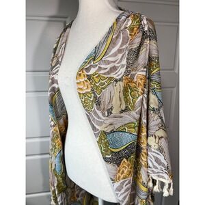 Oober Swank Bohemian Kimono Open Front Tassel Trim Floral Print Cover Up Small